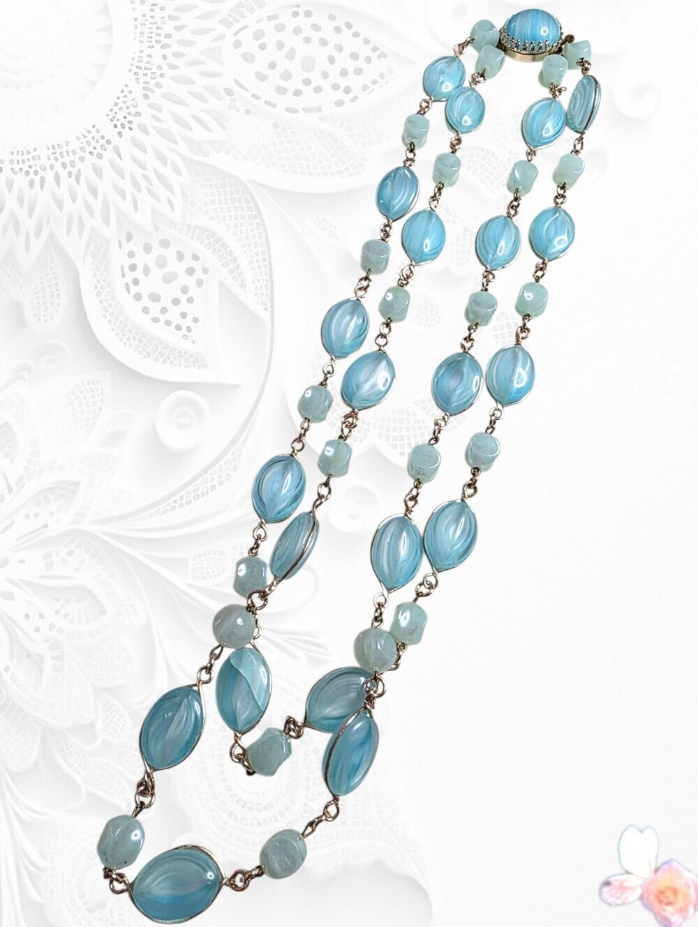 West Germany Double‑Strand Blue Glass Bead Necklace Gold‑Tone Vintage Clasp